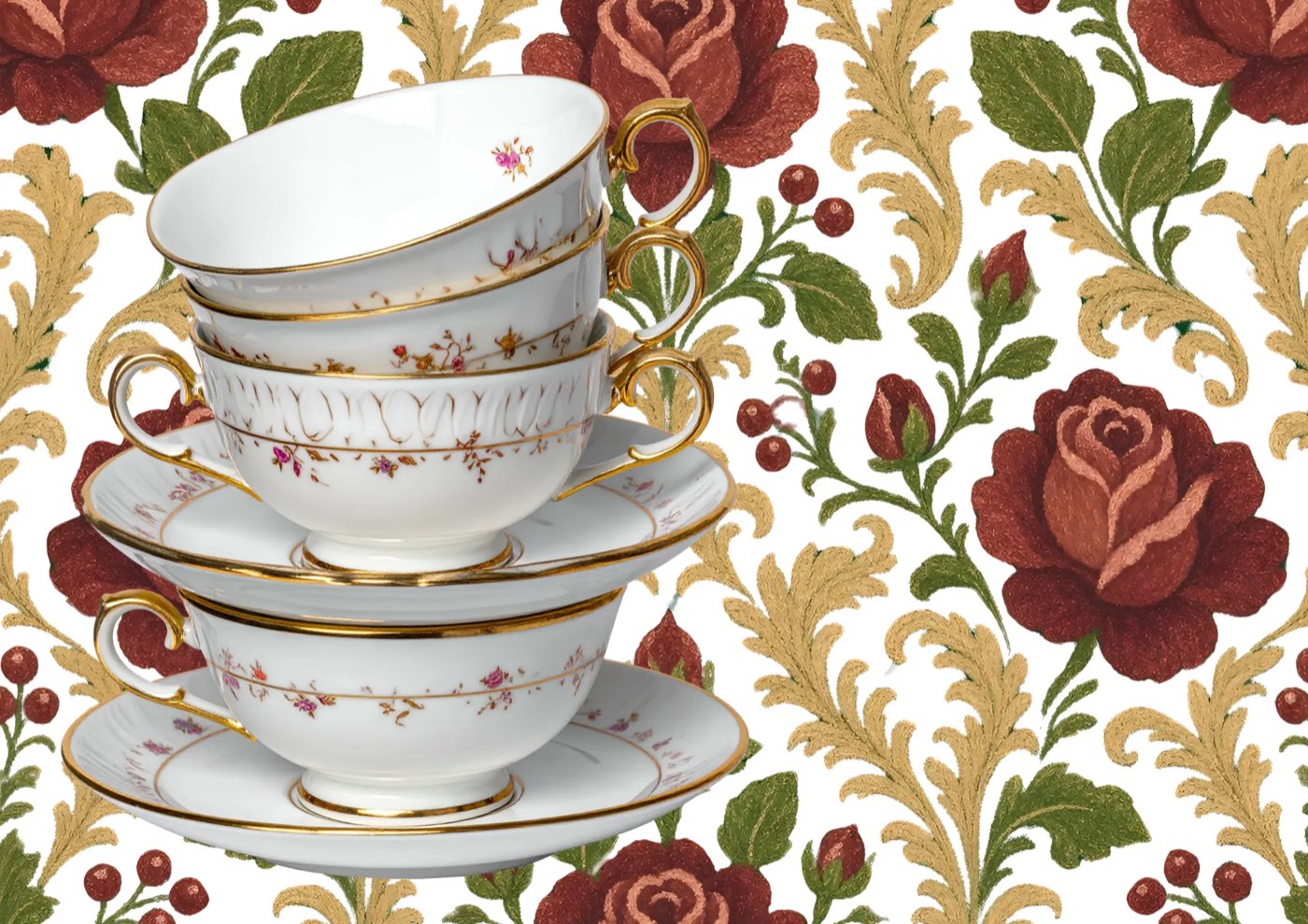 A stack of gold-rimmed floral teacups and saucers against a rose-patterned background.