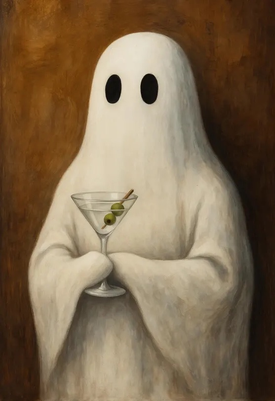 A painted ghost in a white sheet holding a martini garnished with two olives.