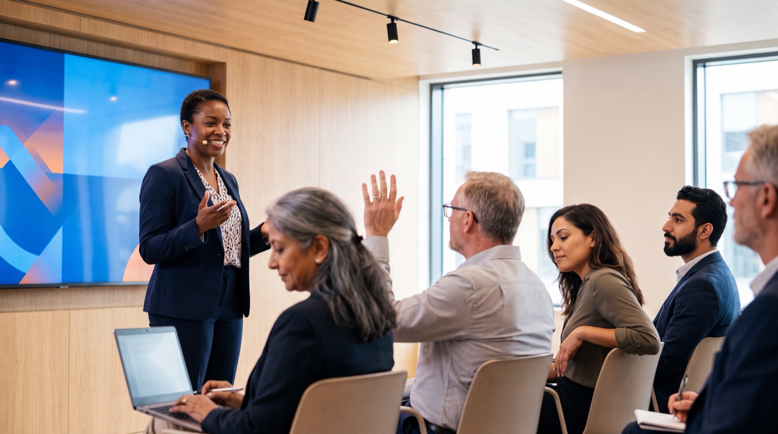 A facilitator presenting to a seated audience during a corporate training session.