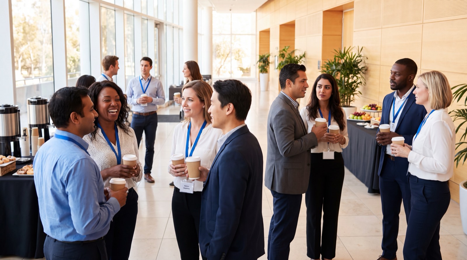 Delegates talking over coffee during a networking break in a conference foyer.