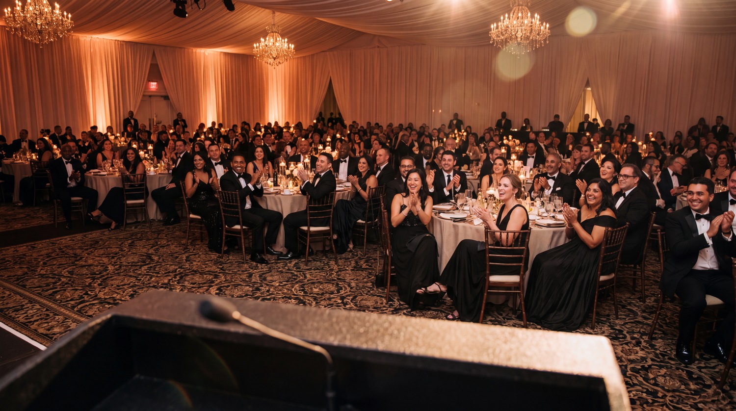 A black-tie audience seated at banquet tables, smiling and applauding, viewed from the stage.