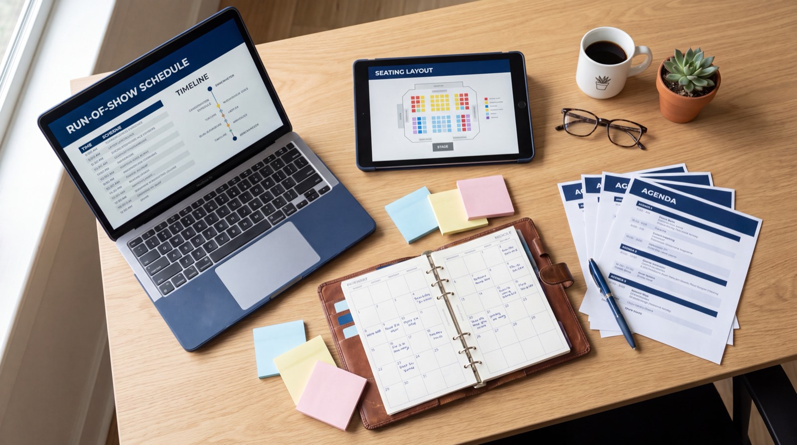 Run-of-show schedule, seating layout and printed agendas laid out on a planning desk.