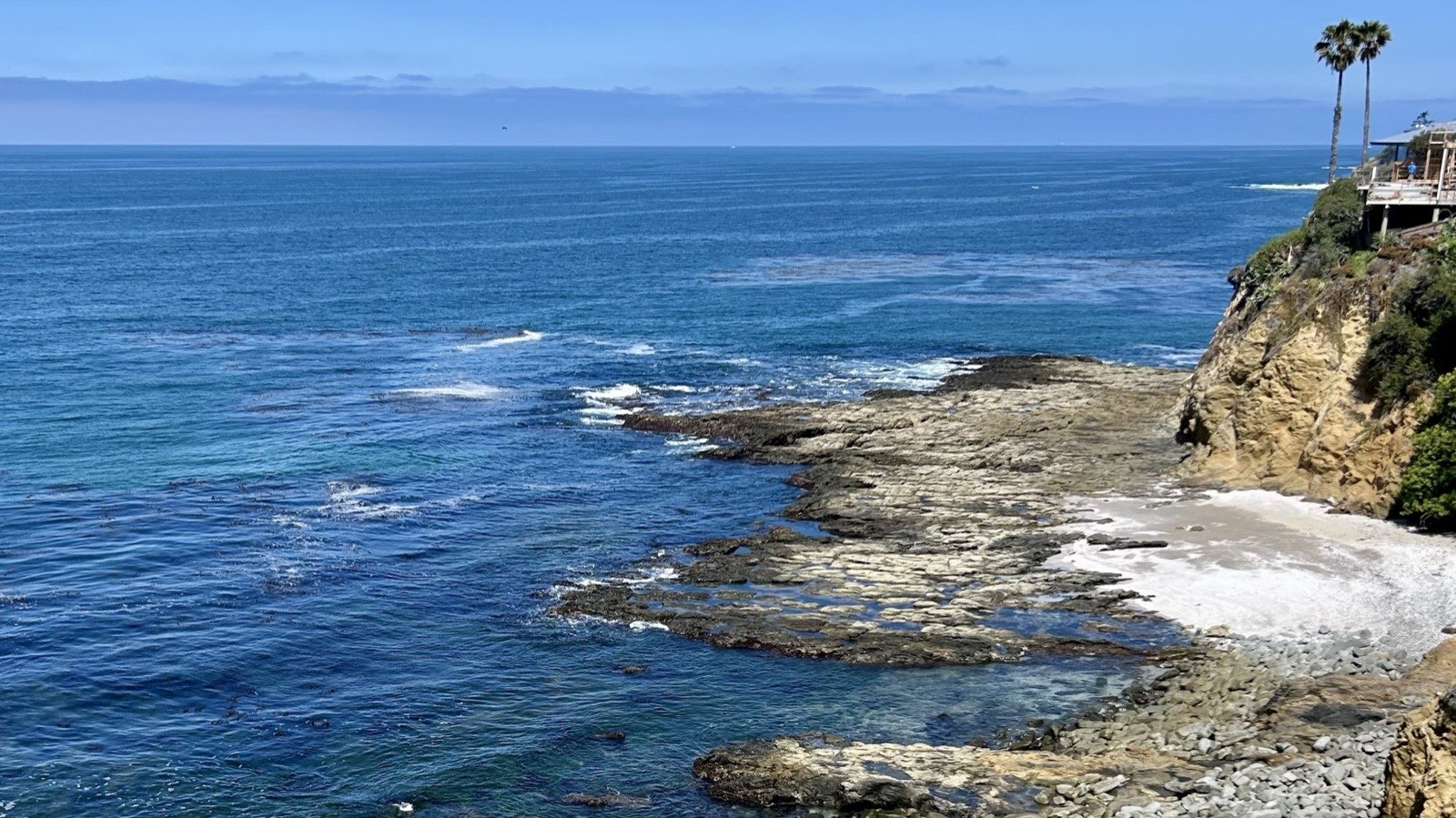 A rocky Pacific cove seen from a clifftop, with palm trees and an open-air deck above the shoreline.